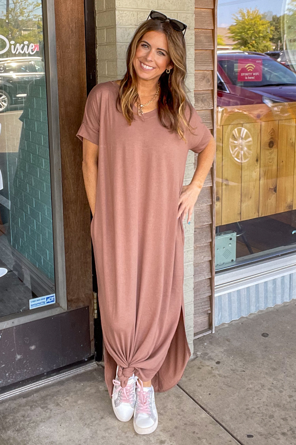 Mocha Maxi Dress with Long Sleeves and Slit