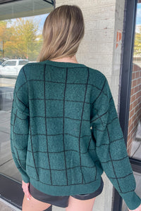 Grid Print Crew Neck Knit Pullover-Hunter Green