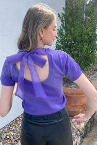 Mesh Bow Short Sleeve Sweater Top-Purple