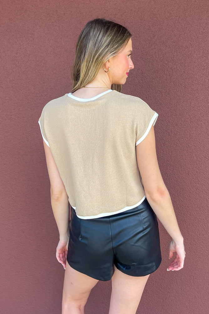 Two Tone Round Neck Short Sleeve Top-Taupe