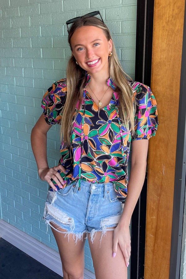 Entro Black Floral Short Puff Sleeve Top