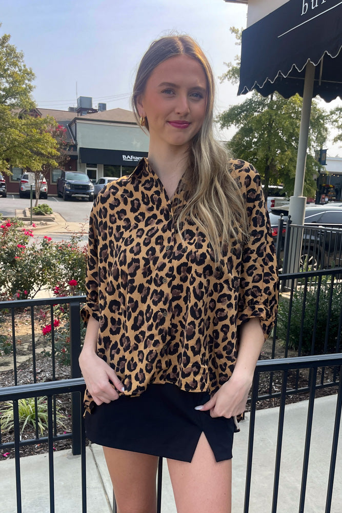 Cheetah Print Batwing Sleeve Top-Brown