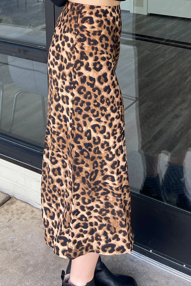 Cheetah Print Fitted Midi Skirt-Camel