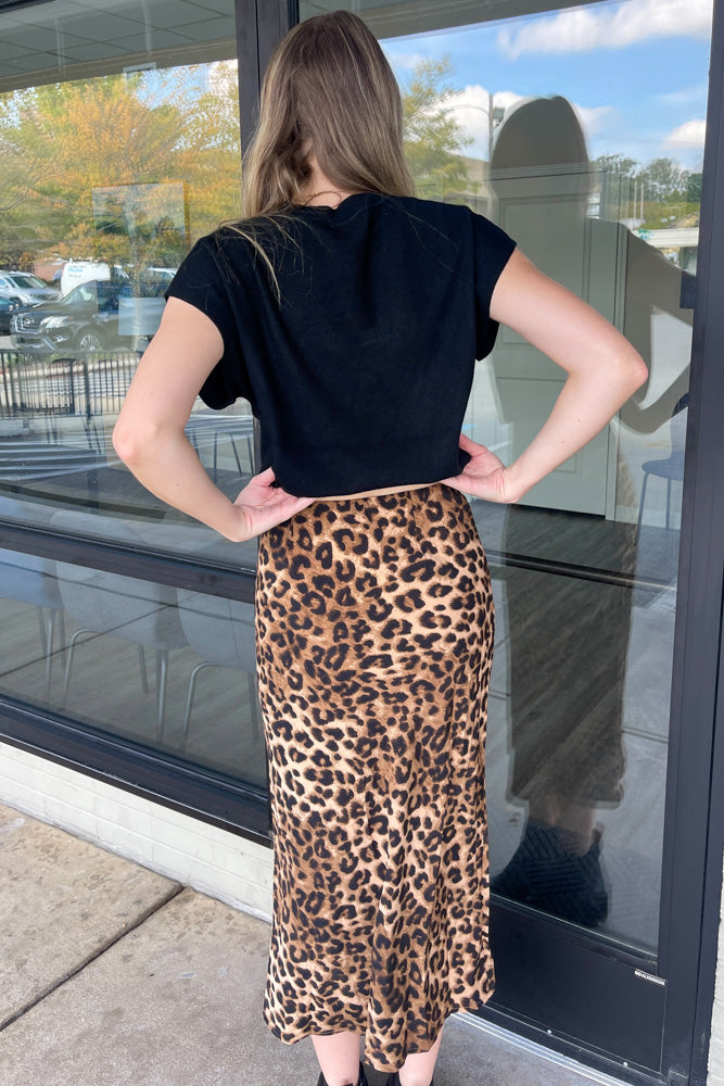 Cheetah Print Fitted Midi Skirt-Camel