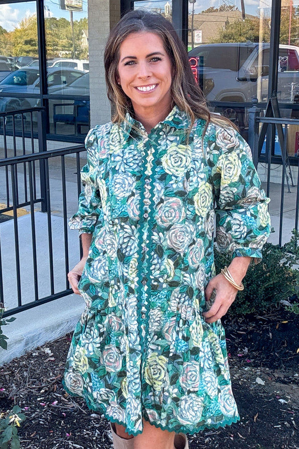 Fall Floral Button Up Dress With RicRac Trim-Teal