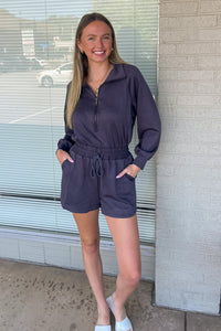 Long Sleeve Knit Romper-Charcoal