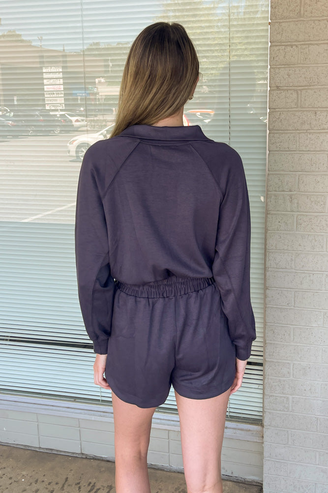 Long Sleeve Knit Romper-Charcoal