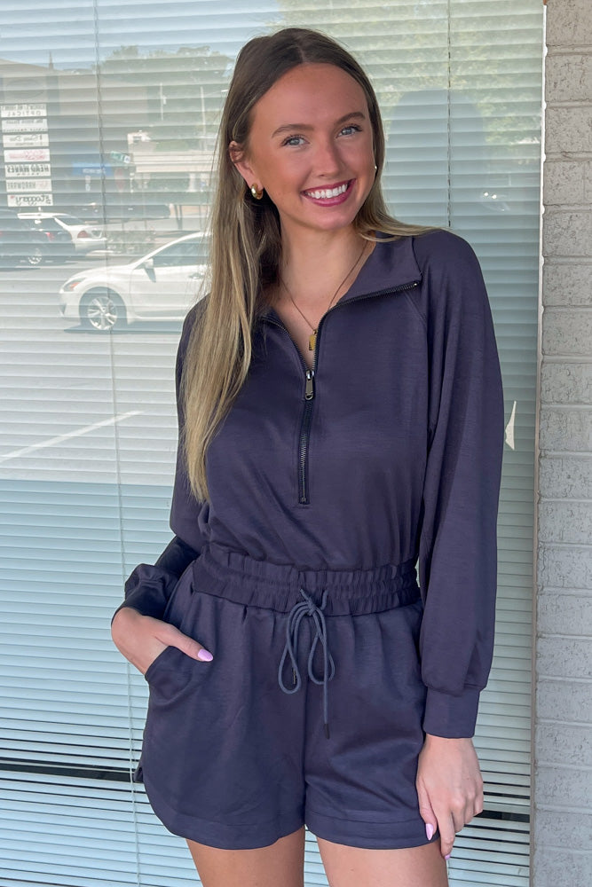 Long Sleeve Knit Romper-Charcoal