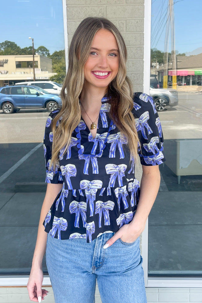 Watercolor Bow Detail Top-Black