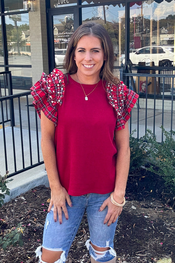 Plaid And Pearls Ruffle Sleeve Top-Garnet