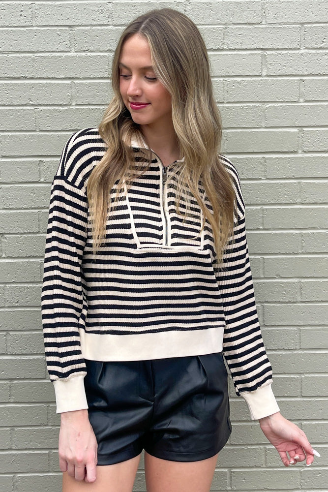 Striped Knit Pullover With Collar-Black/Cream