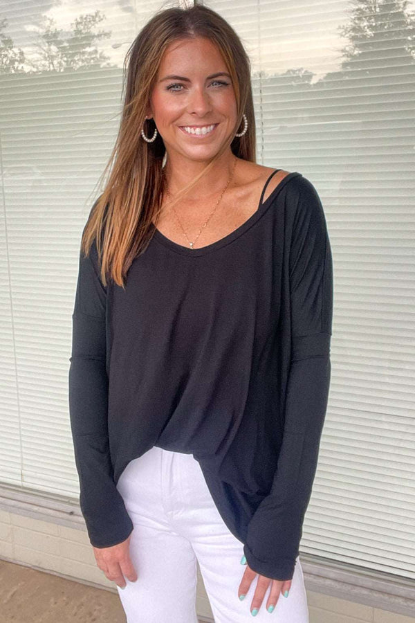 Piko Scoop Neck Long Sleeve Top-Black