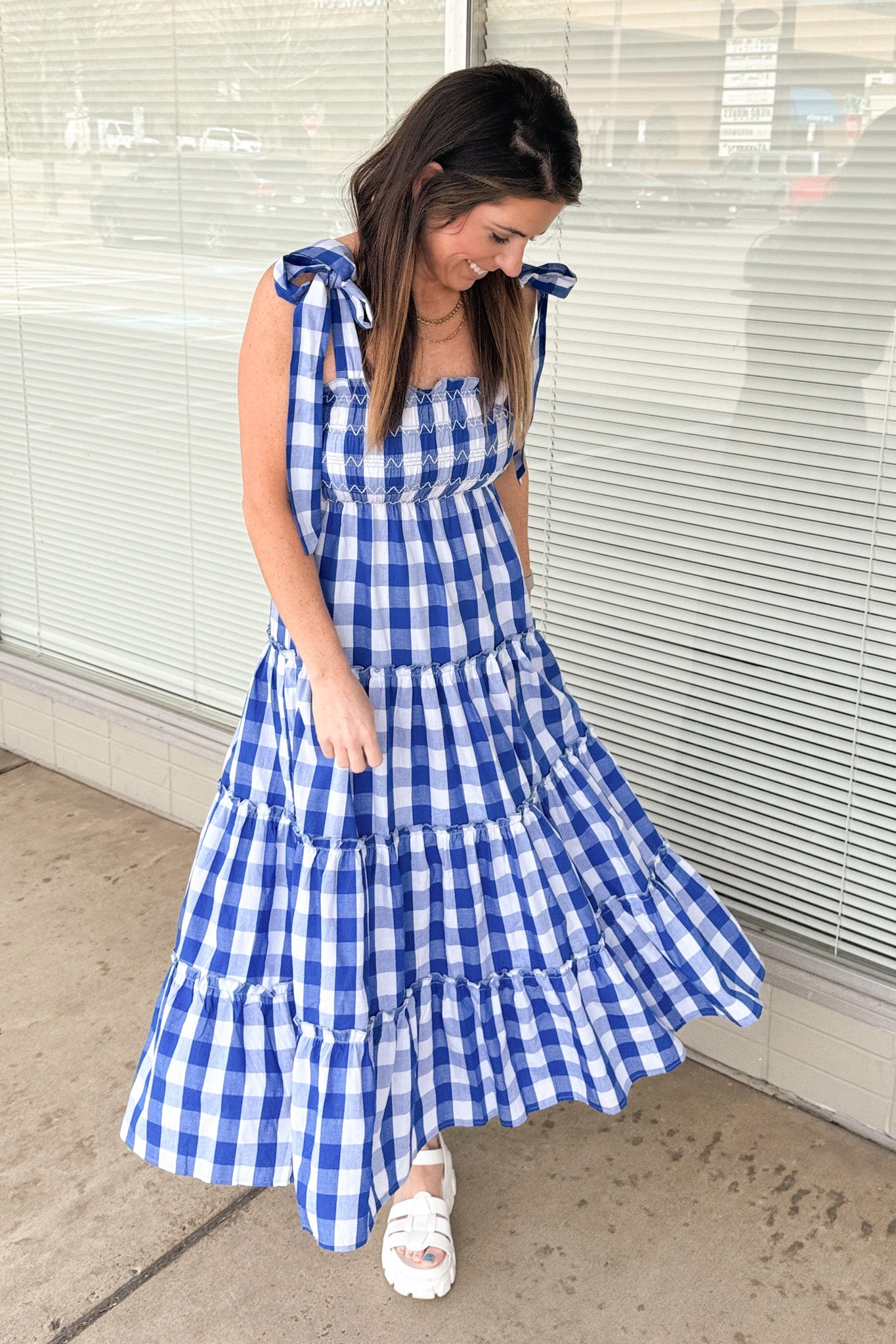 Pinch-Gingham Printed Tiered Maxi Dress-Blue – Simply Dixie Boutique