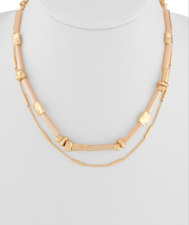 Hammered Metal Chain and Square Choker Necklace-Peach/Gold