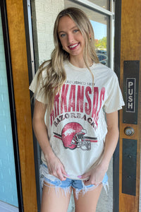 SALE-LivyLu-Arkansas Razorback Established Date With Helmet Tee-Off White