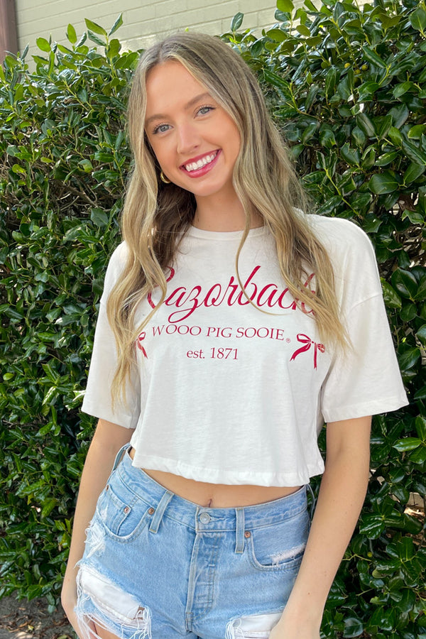 SALE-LivyLu-Arkansas Razorbacks Bow Cropped Tee-Off White