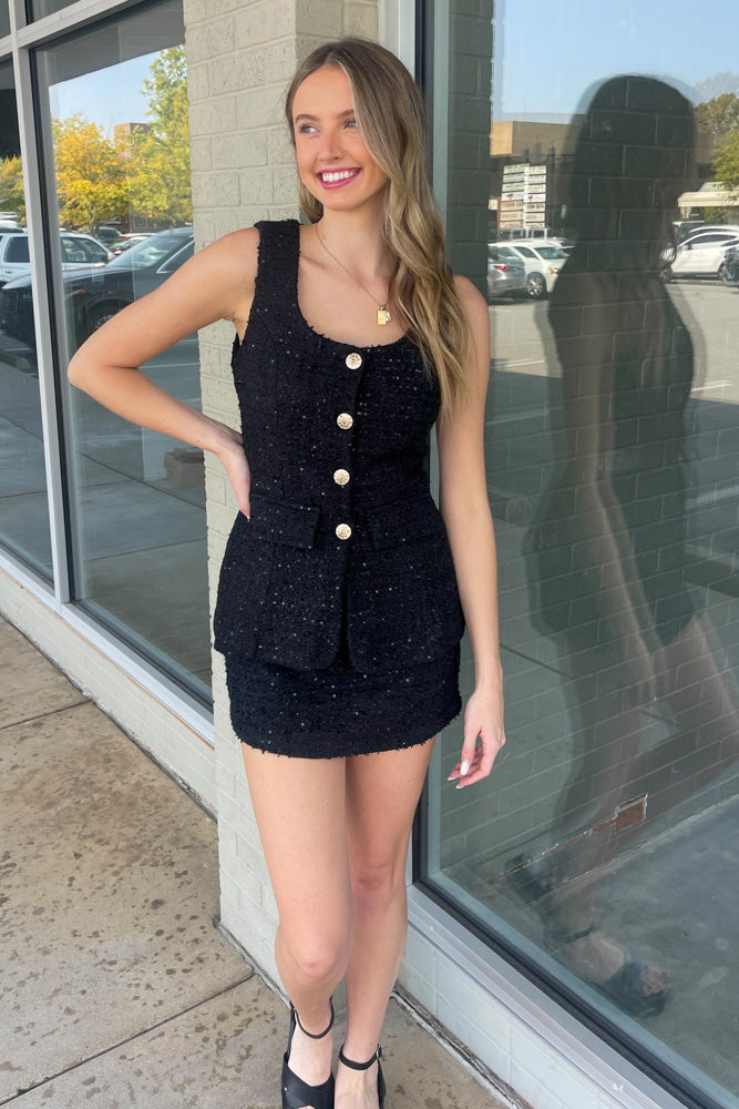 Sequin Tweed Sleeveless Romper-Black