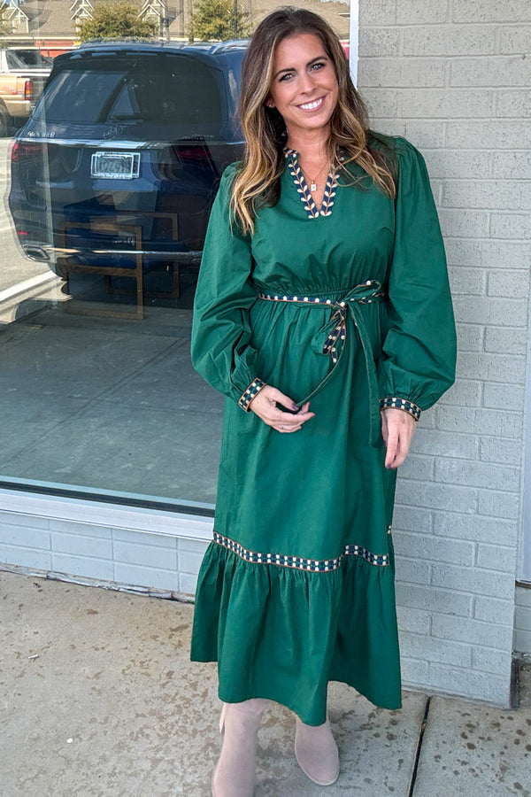 Embroidered Puff Sleeve Midi Dress-Hunter Green