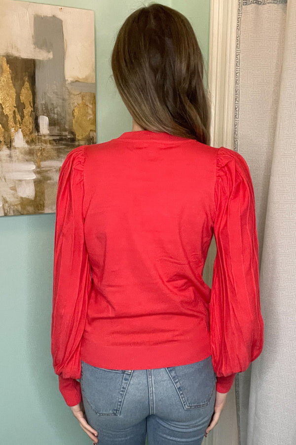 Pleats Detail Puff Long Sleeve Top-Red