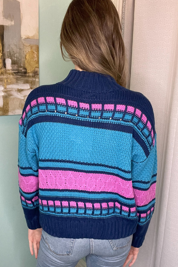 Cable Detail Mock Neck Sweater-Blue/Multi