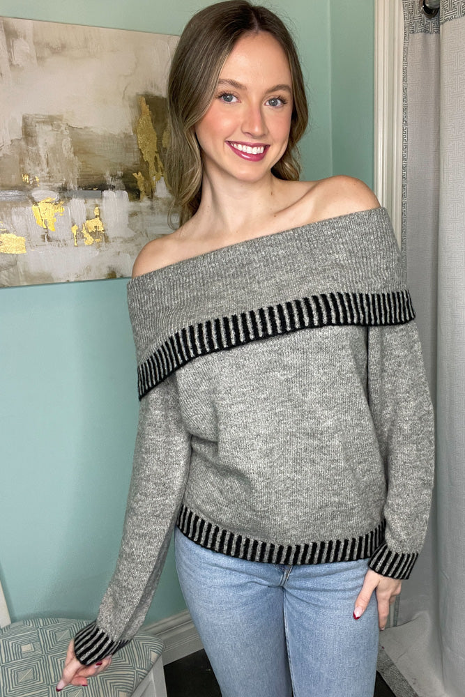 Off Shoulder Contrast Detail Sweater-Grey/Black