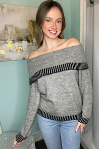 Off Shoulder Contrast Detail Sweater-Grey/Black