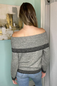 Off Shoulder Contrast Detail Sweater-Grey/Black