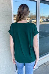 Short Sleeve Rolled Sleeve V-Neck Piko Top - Jade Forest