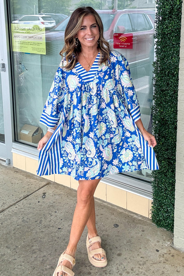 Paisley Print Wide Sleeve V-Neck Short Dress-Blue