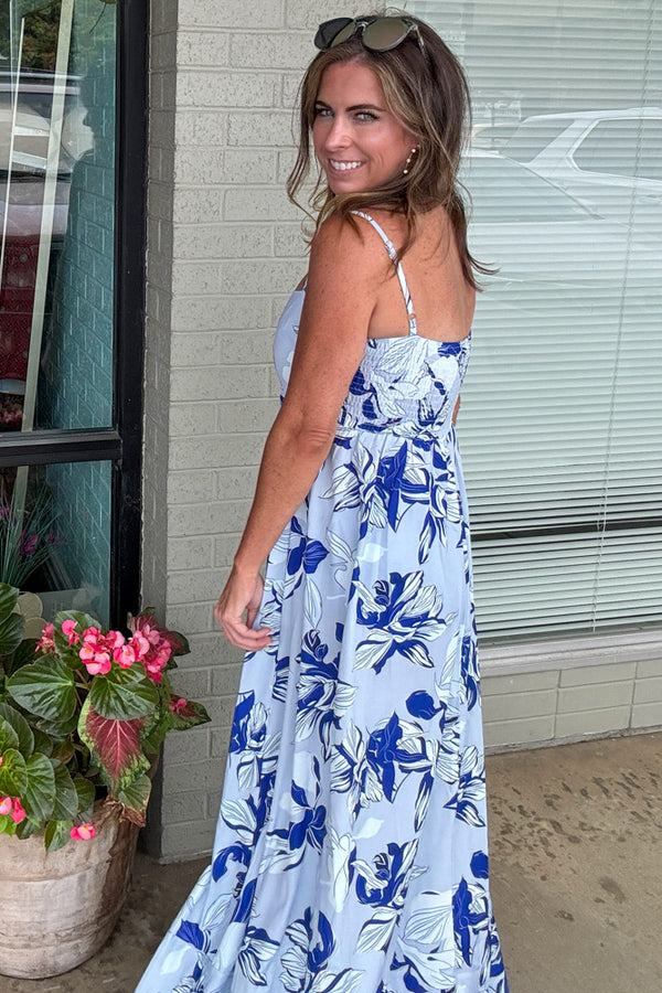 Floral Print Sleeveless Long Ruffle Dress-Blue