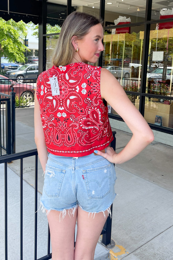 Paisley Print Bow Vest Top-Red