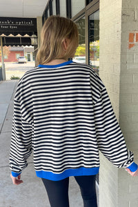 Striped Oversized Contrast Trim Sweatshirt-Blue