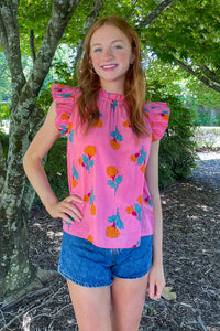 THML Flutter Sleeve Top with Flowers Pink