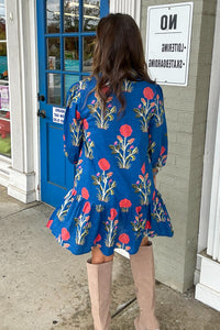 THML-Flower Print Button Front Dress-Blue