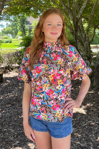 THML Puff Sleeve Floral Top in Brown