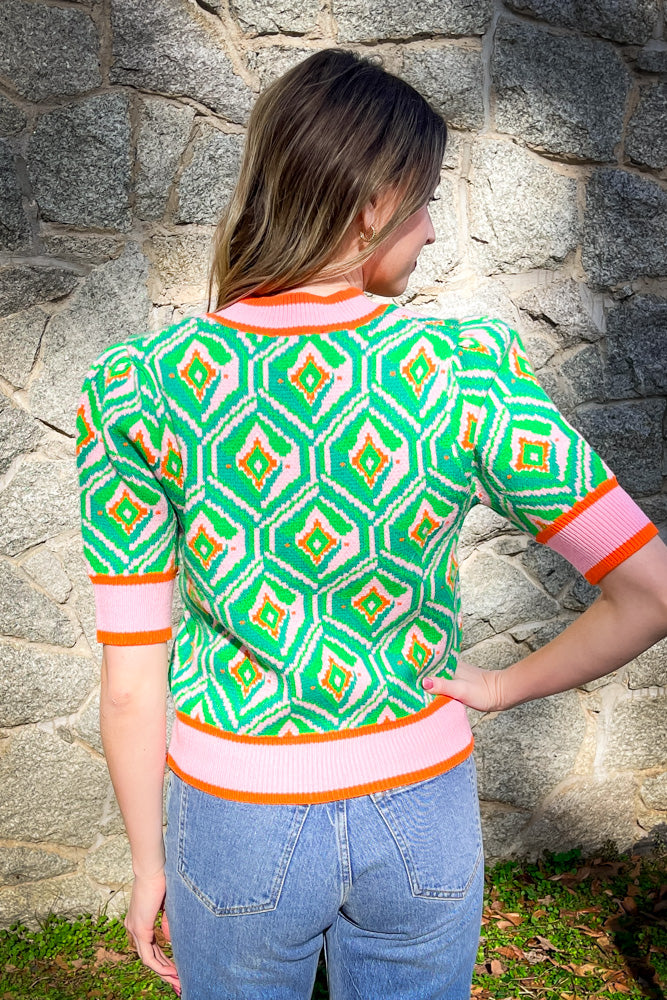 THML-Short Sleeve Pattern Knit Top-Green