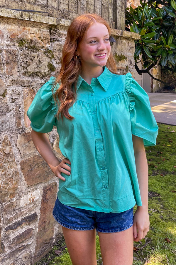 Umgee Puff Sleeve Emerald Button Down Top