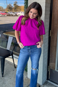 THML-Puff Sleeve Textured Top-Fuchsia