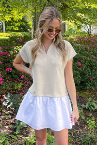 THML-Suede Short Sleeve Layered Dress-Cream