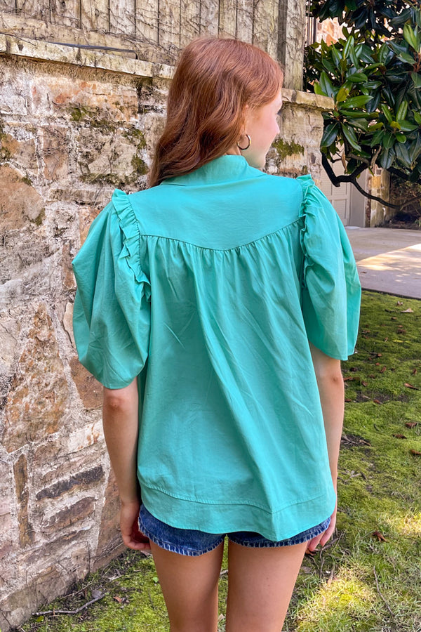 SALE-Puff Sleeve Button Down Top-Emerald