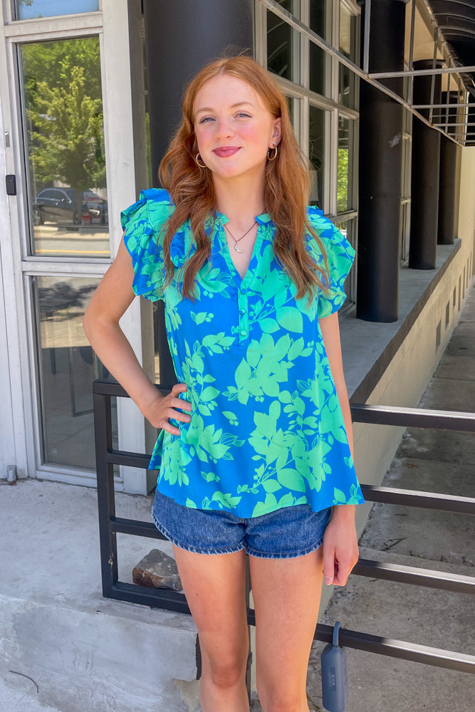 Umgee Tropical Print Top in Blue and Green