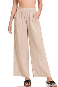 Zenana-Washed Double Gauze Elastic Band Waist Pants-Ash Mocha