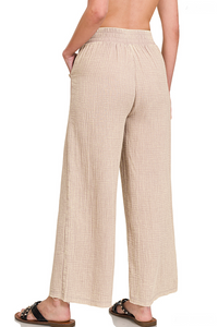 Zenana-Washed Double Gauze Elastic Band Waist Pants-Ash Mocha