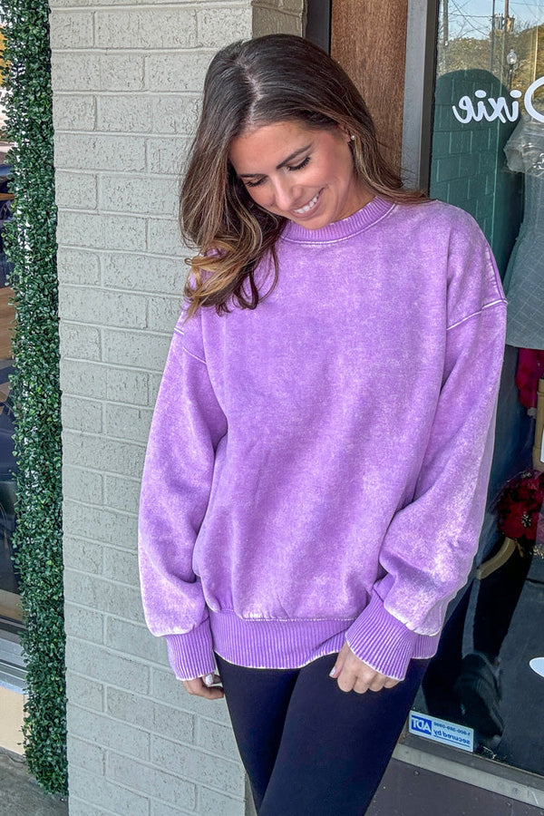 Zenana-Acid Wash Fleece Oversized Pullover - Bright Lavender / Small - Shirts & Tops