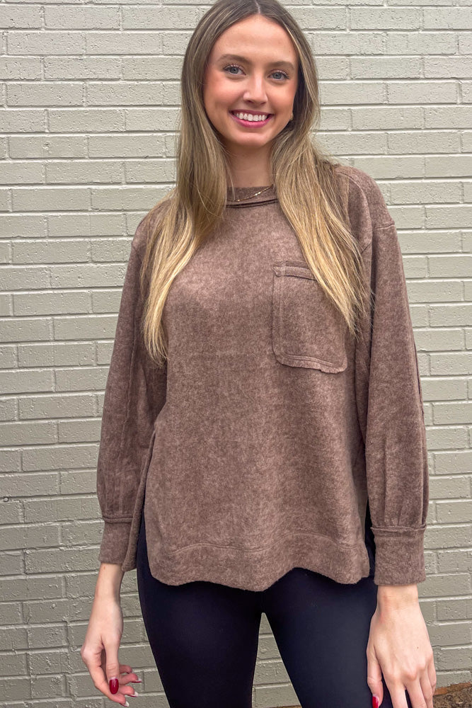 Zenana-Brushed Hacci Round Neck Sweater With Pocket - Mocha