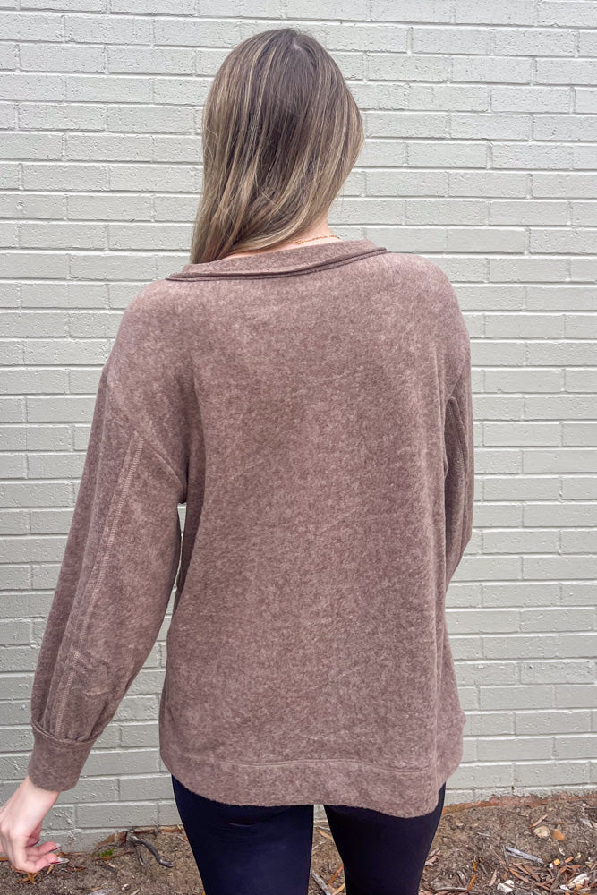 Zenana-Brushed Hacci Round Neck Sweater With Pocket - Shirts & Tops