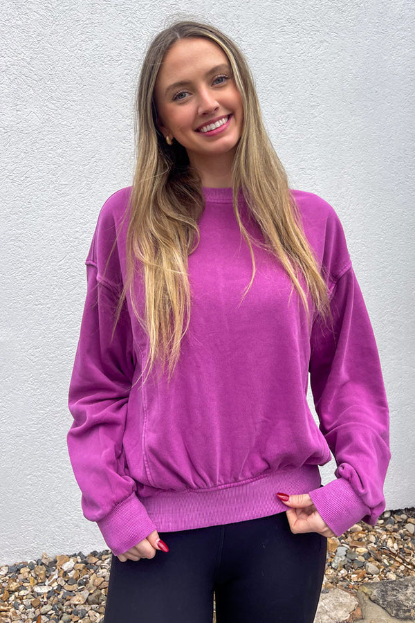 Zenana-Fleece Pigment Dye Pullover - Light Plum / Small/Medium - Shirts & Tops