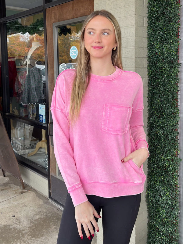 Zenana-French Terry Acid Wash Pocket Pullover - Candy Pink / Small - Shirts & Tops