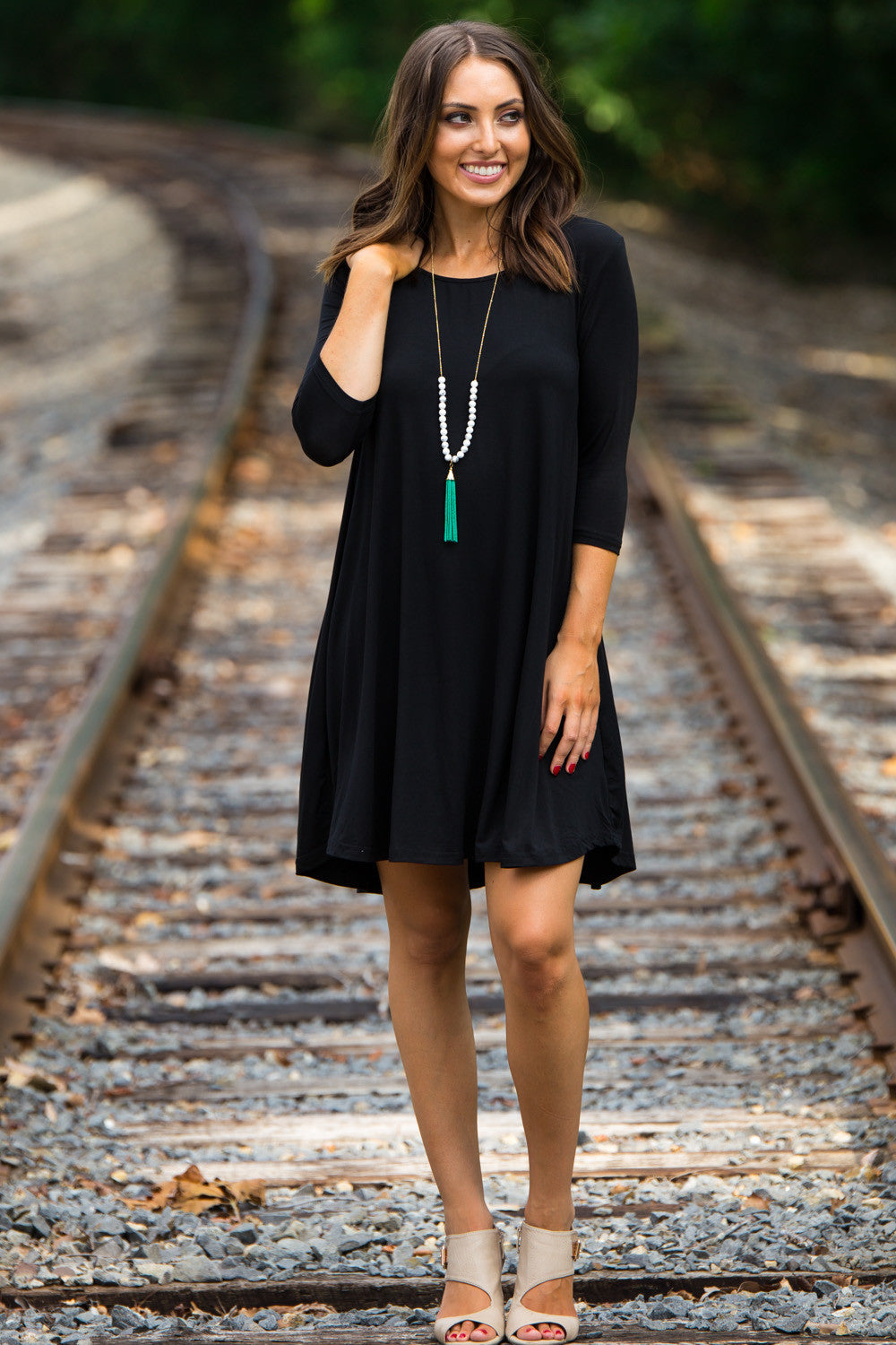 The Perfect Piko 3/4 Sleeve Swing Dress-Black – Simply Dixie Boutique