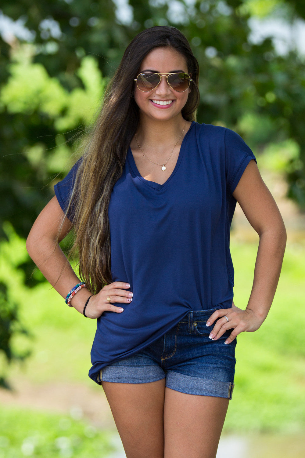 The Perfect Piko Rolled Short Sleeve V-Neck Top-Navy